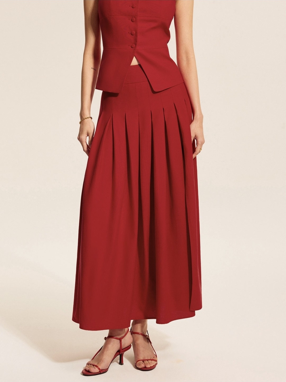 Commense Red Pleated Maxi Skirt